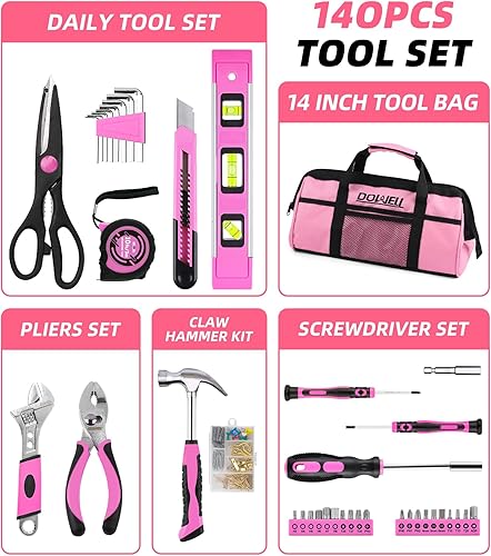 Miniatura 2 de DOWELL 140PCS Pink Tool Kit for Women - Household Essential Tool Set with 14” Storage Bag
