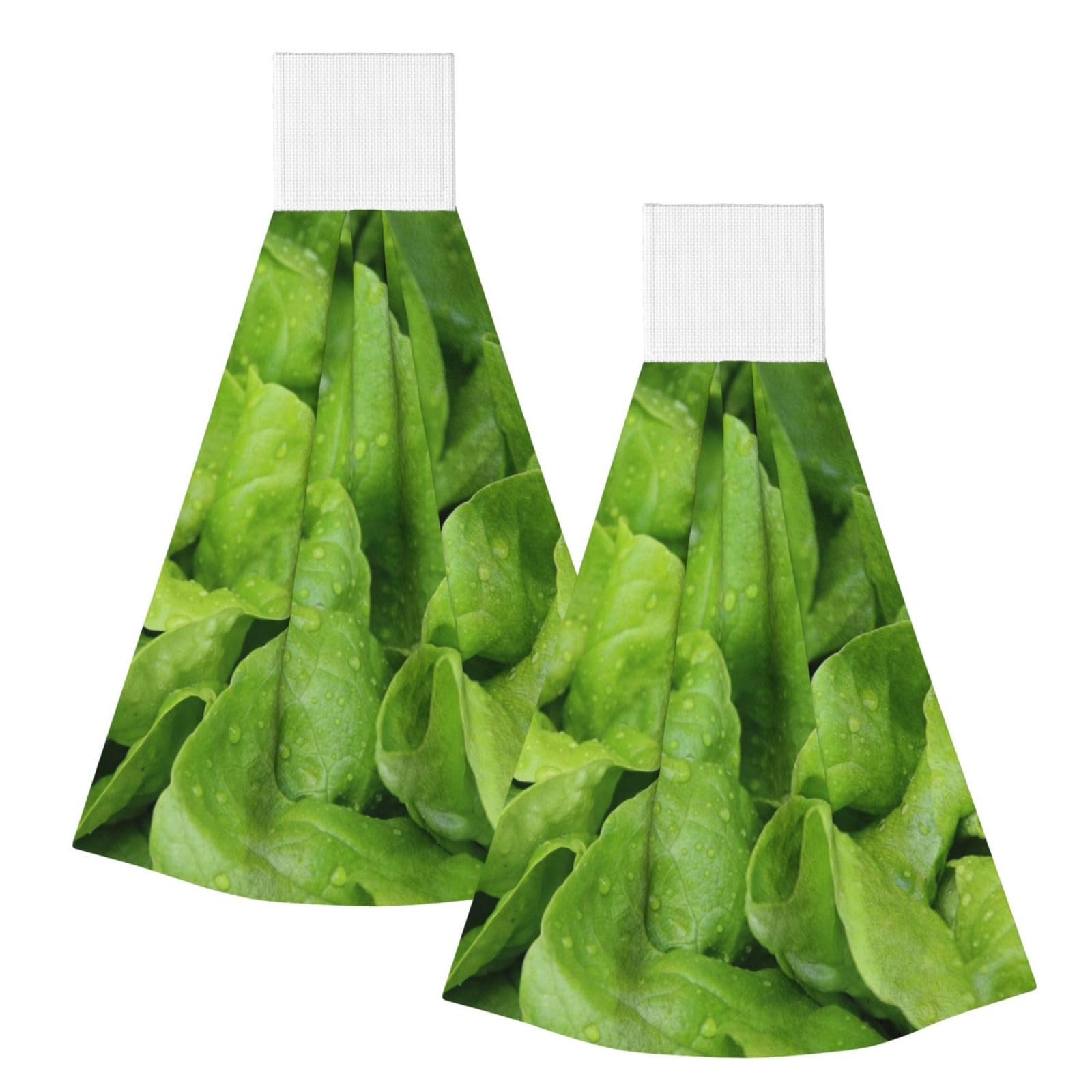 DOPKLNA Green Lettuce, 2 Pcs Hanging Coral Fiber Hand Towels for Bathroom, Absorbent Kitchen Towels