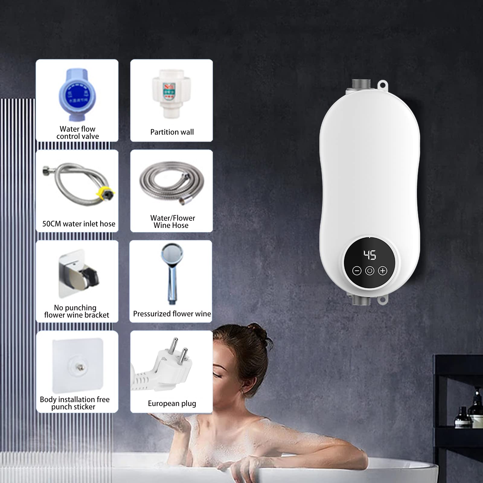 Mini podgrzewacz wody, 5500 W, elektryczny podgrzewacz wody, natychmiastowy bezzbiornikowy, elektryczny podgrzewacz wody z wyświetlaczem LED do mycia kuchni i łazienki (A2)