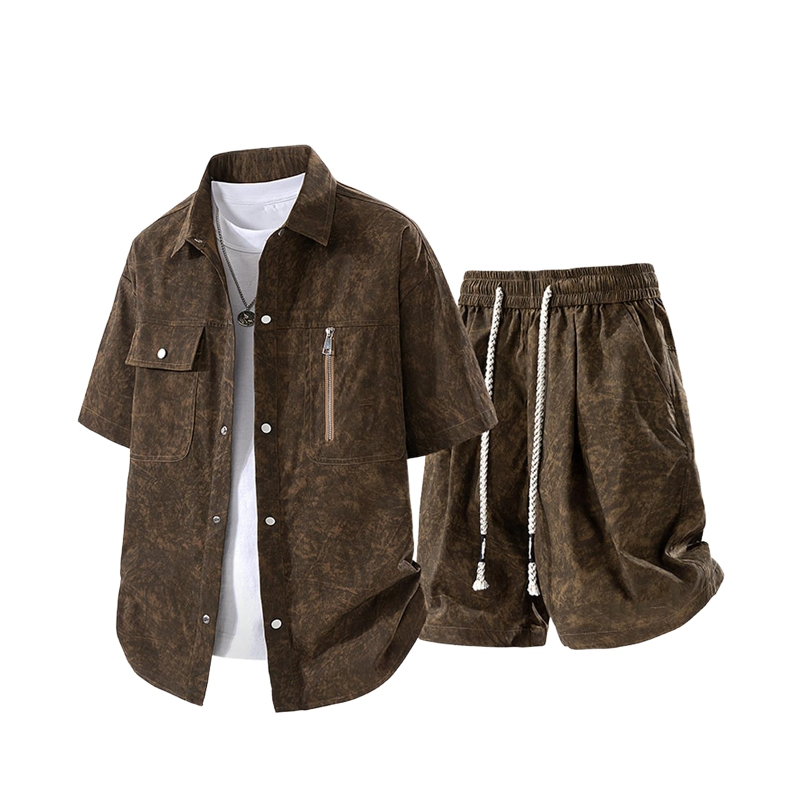 Conjunto Casual Cargo Manga Corta Camisa Shorts Deporte 2 Piezas Verano-Brown-XL