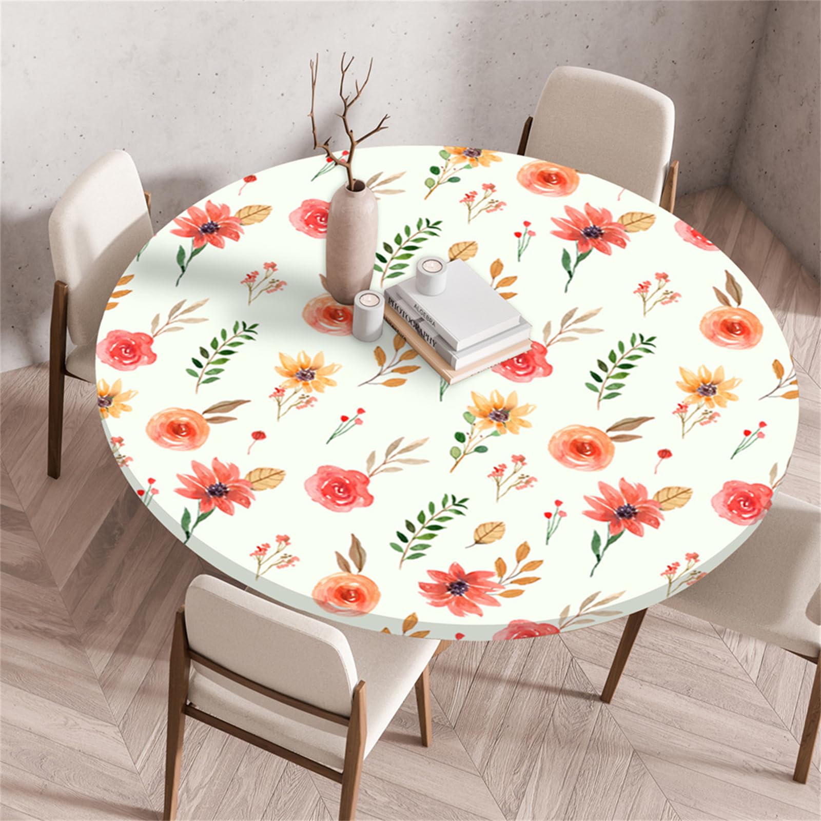 Muiuou Round Tablecloth, Waterproof Wipeable Table Cover Elastic Edge, Flower Printing Reusable Round Table Cover Cloth,Kitchen Fitted Restaurant Home Decoration (Diameter 120cm,Style 2)