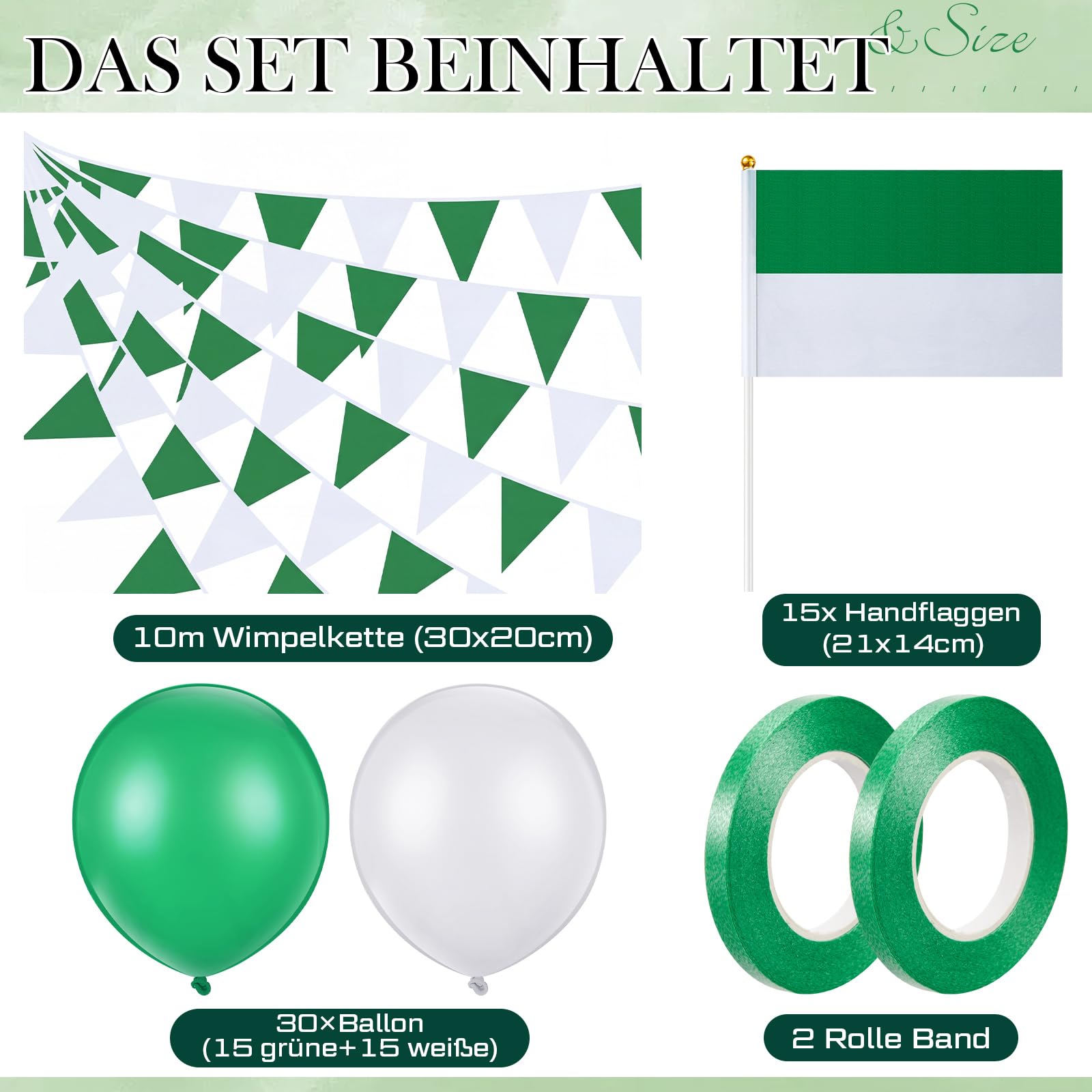 BBTO Schützenfest Dekoration Set 10 Meter Wimpelkette Grün Weiß 15 Stück Klein Schützenfest Flagge Reißfestem Polyester 30 Stück Ballon 2 Rollen Ballonband Wetterfest Deko für Outdoor