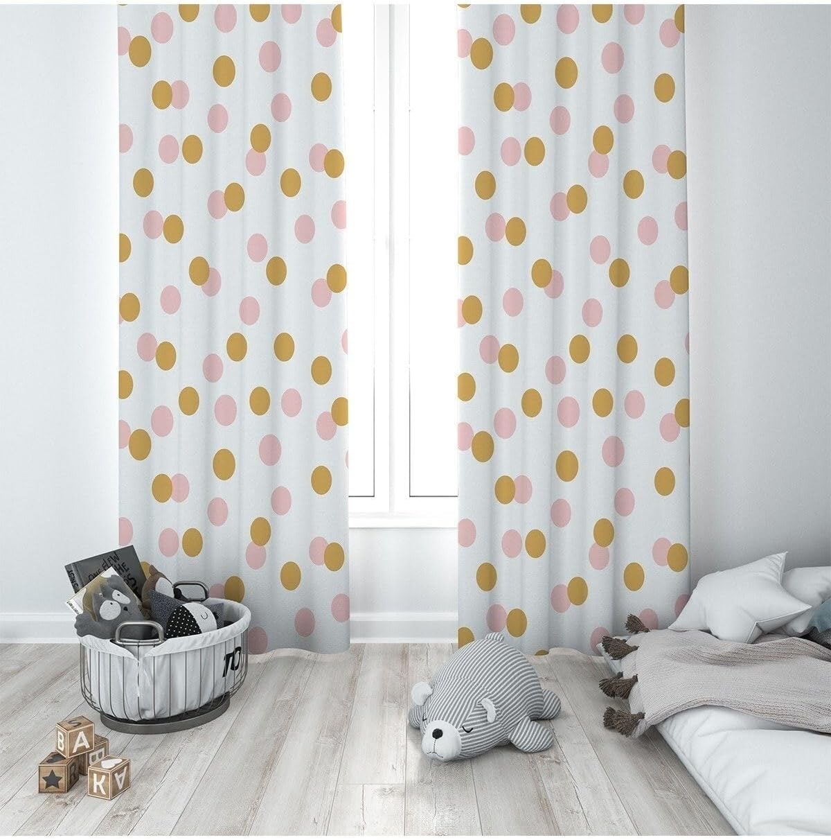 Pelangi Beyaz Puantiyeli Dijital Baskı Yıkanabilir Bebek Çocuk Odası Fon Perdesi, pembe-çizgili 70 x 270