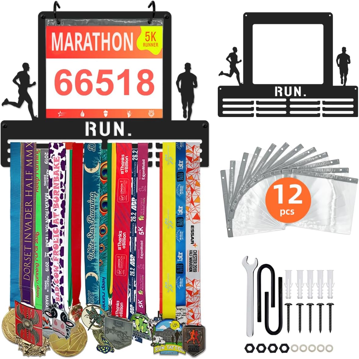 Race Bib and Medal Display for Runners, 16" Metal Marathon Medal Hanger Display with Bib Holder, Running Medal Hanger Display for Wall, Marathon Runner Gift