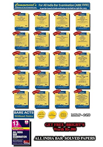 COMMERCIAL’S STUDENTS EDITION BARE ACTS WITHOUT NOTES FOR ALL INDIA BAR EXAMINATION ( SET OF 20 BOOKS ) Get Free Bright’s All India Bar Solved Paper (Worth Rs-380) EDITION 2024