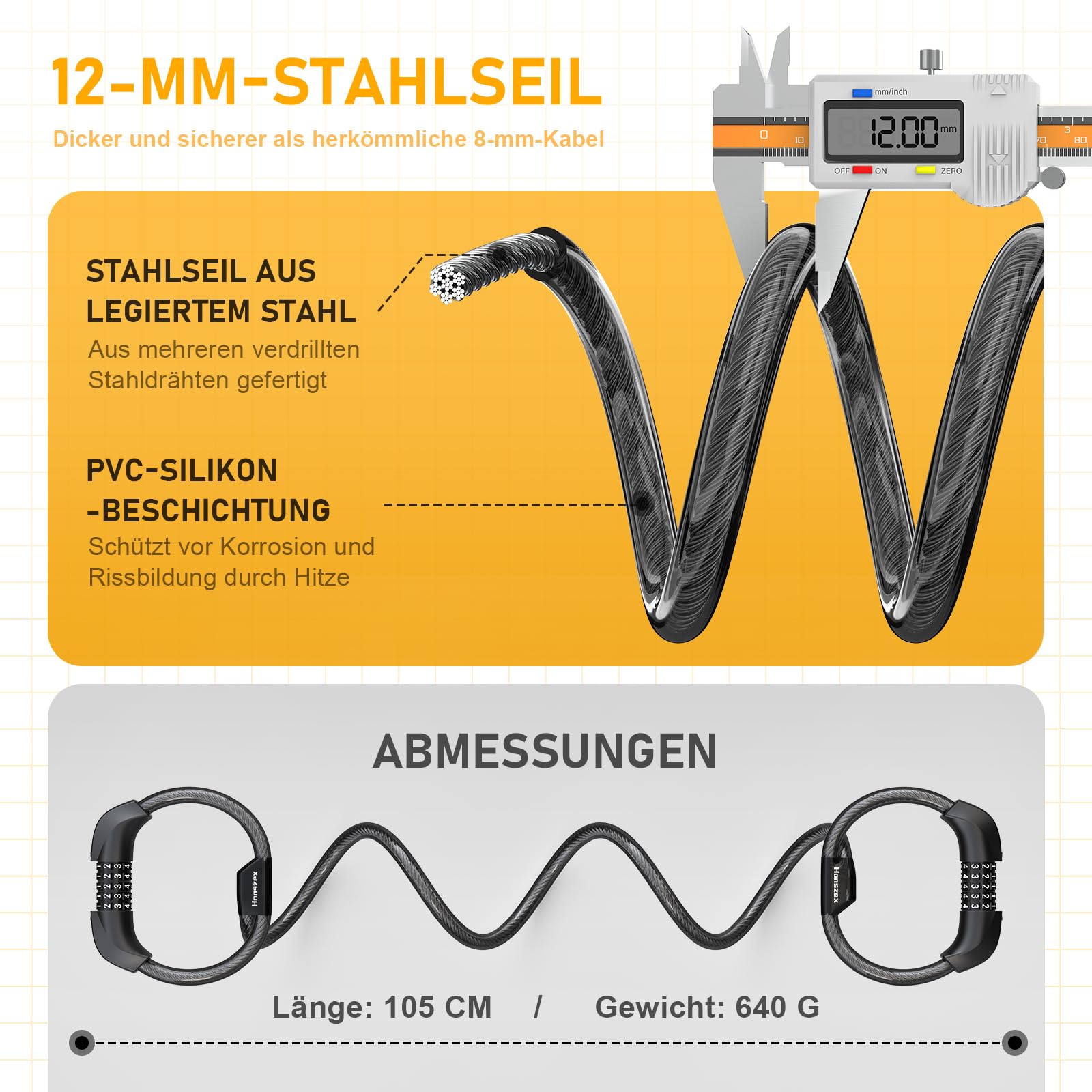 E Scooter Schloss, 5-stellig Kabel Schloss für E Scooter/Roller, Handschellenschloss, Zahlenschloss-Doppelschloss, Fahrradschloss, 105cm x 12mm, E Scooter Zubehör