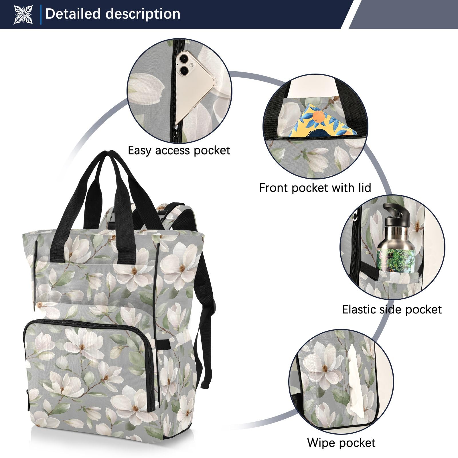 Mnsruu Bellissimo modello Gardenia borsa per pannolini per bambini, zaino grande borsa impermeabile da viaggio borse per pannolini per mamme e papà