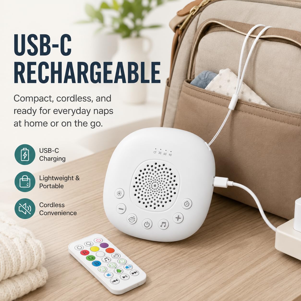 Baby White Noise Machine für Autofahrten – 20 beruhigende Geräusche, USB-C wiederaufladbar, Nachtlicht für Kinderwagen, Krippen & Reisen