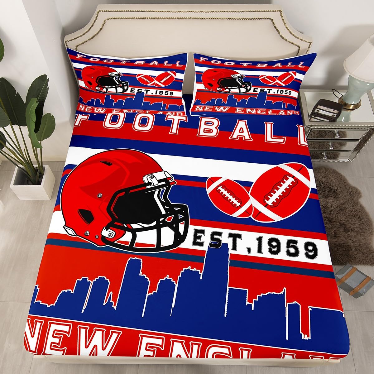 American Football Full Size Fitted Sheet No Top Sheet,Blue Red Rugby Game 3 Pieces Kids Teenager Room Decor Football City(New England) Pocket 2 Pillowcases