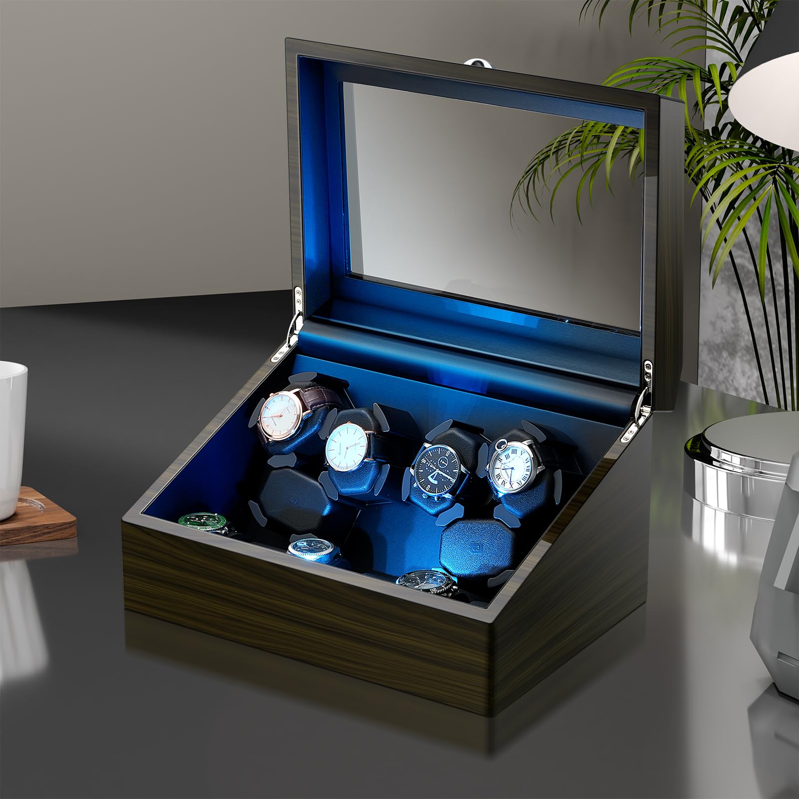 6 Uhr Wickler mit 6 Uhren Lagerung Automatische Uhren Uhrenbeweger für automatische Uhren mit Eingebautem LED-Licht USB Powered Ultra Leise Motor Klavier Lack