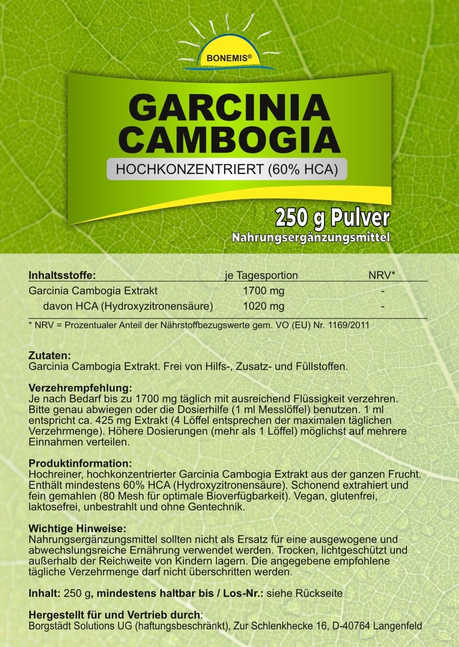 Garcinia Cambogia Extrakt, hochkonzentriert (60% HCA), ohne Zusatzstoffe, 250 g Pulver im Beutel, Bonemis®