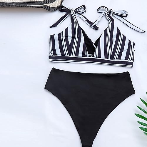 Miniatura 6 de Traje de baño Sexy de 2 piezas para mujer Traje con estampado a rayas, piezas Entrenamiento Natación Ropa Playa