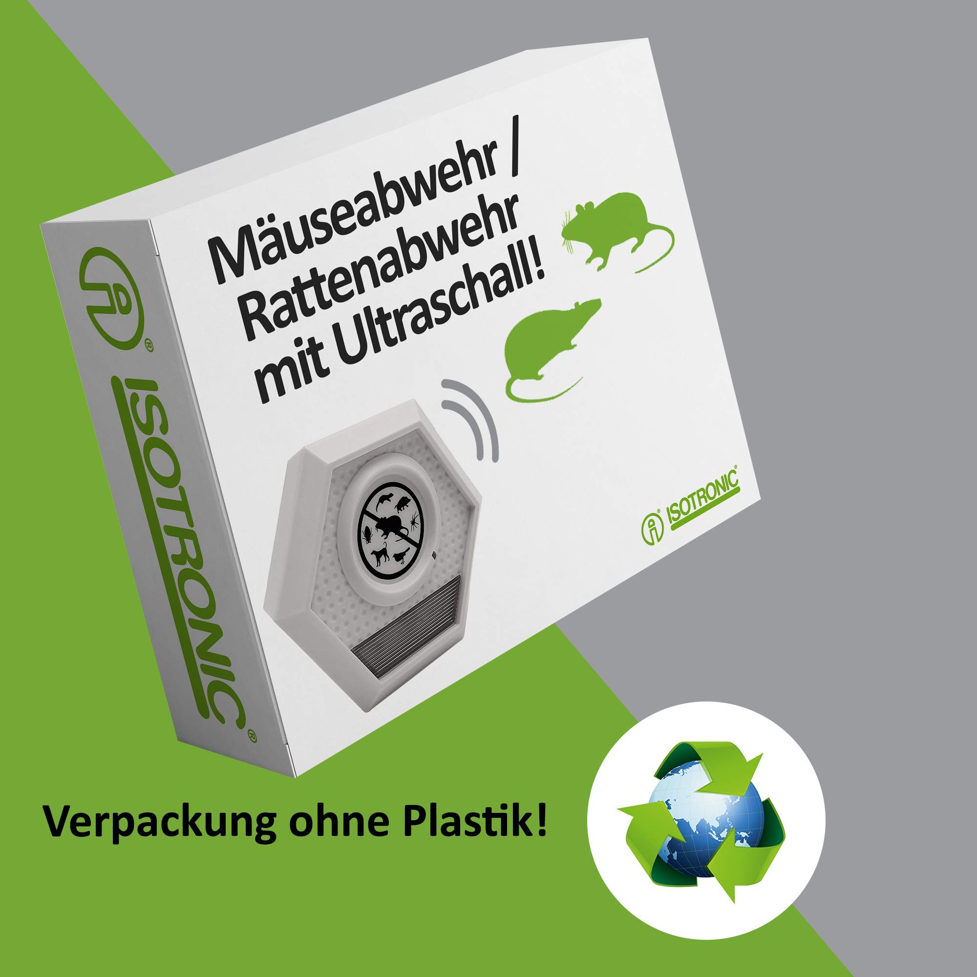 ISOTRONIC Ultradźwiękowy odstraszacz myszy i szczurów – Światło orientacyjne – Do wnętrz – Ochrona bez trucizny i pułapek – Zasięg skuteczny 30 m² (3 sztuki)