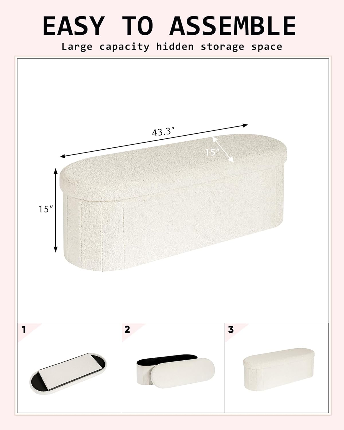 Storage Ottoman Bench, 43.3 Inches Oval Ottoman with Storage, Teddy Boucle Foot Rest, Large Folding Ottoman Bench for Living Room, Entryway, Bedroom, White - Image 3