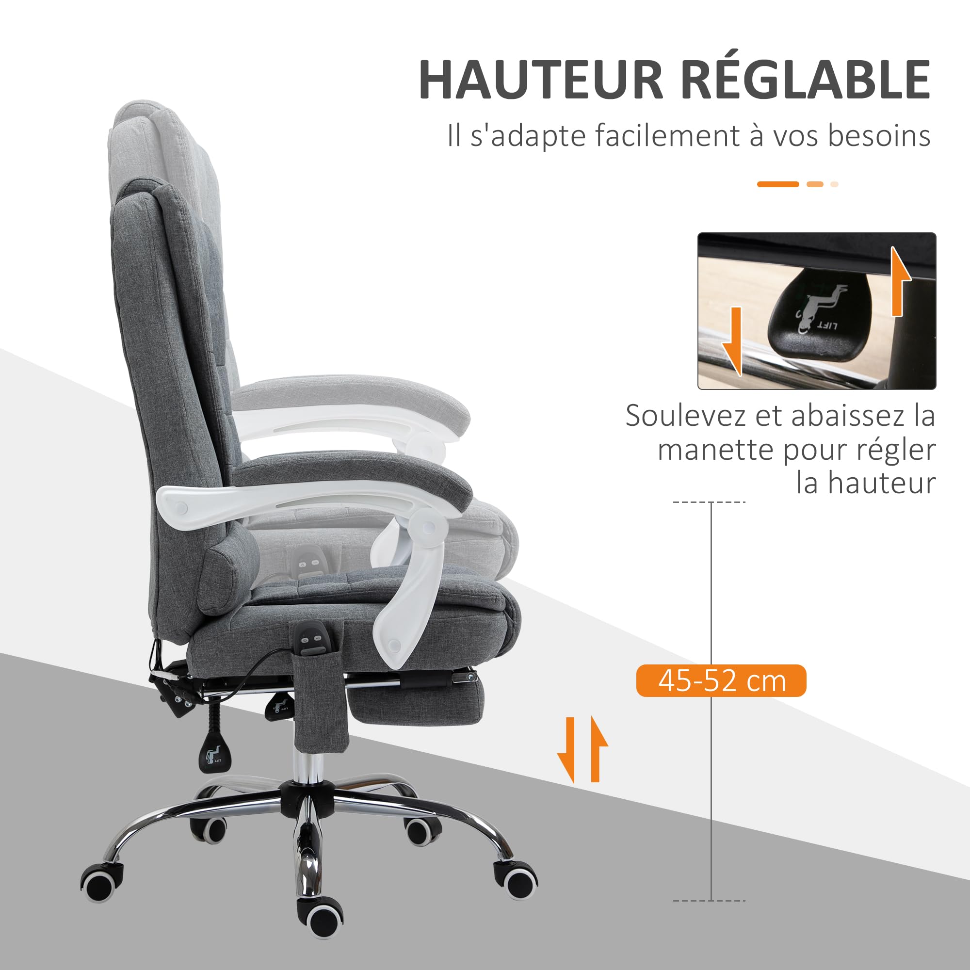 Vinsetto Fauteuil de Bureau Massant et Chauffant Toile de Lin Gris