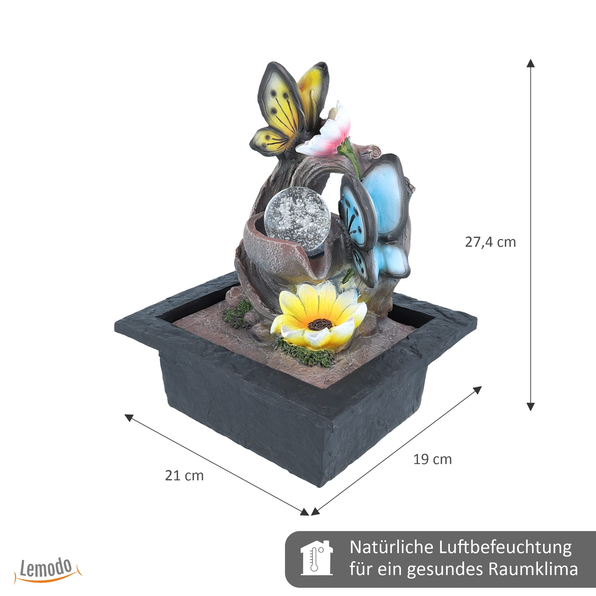 Zimmerbrunnen mit Schmetterling-Motiv, Tischbrunnen mit Pumpe und rotierender Kugel, Wasserspiel