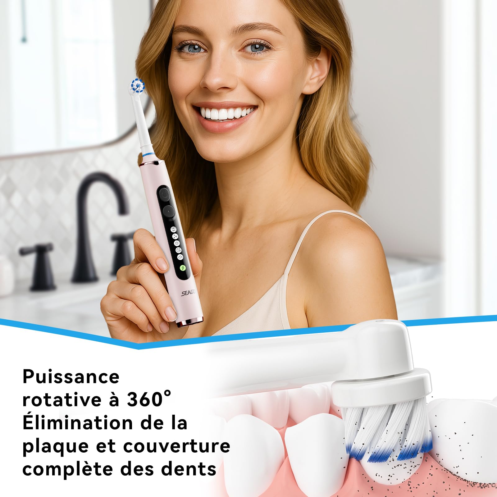 Seago Brosse à dents électrique rotative rechargeable, brosse à dent électrique avec étui voyage, 8 têtes pour familial, 5 modes, minuterie 2 min, étanche IPX7, SG2607, Rose