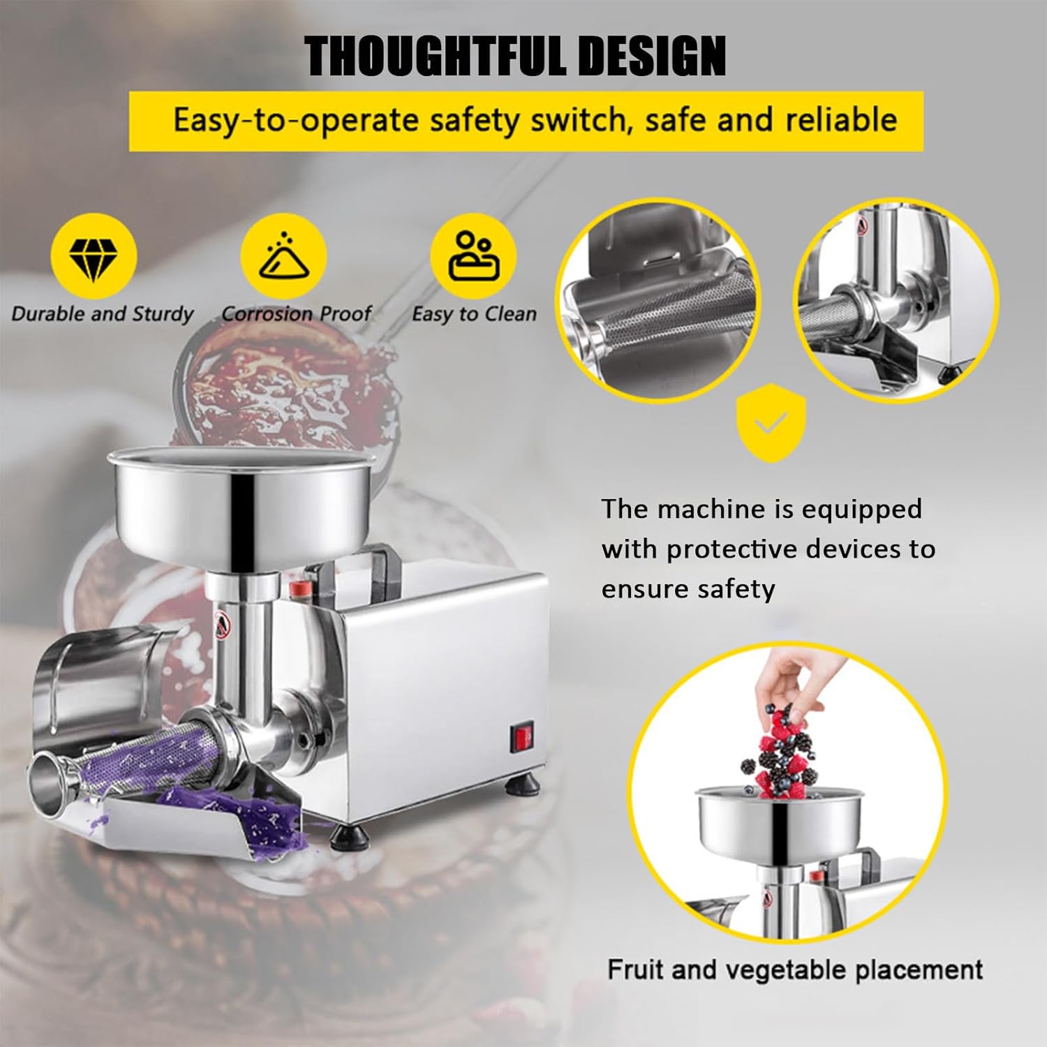 Electric Tomato Strainer 450W Commercial Milling Machine with Extra Large Feed Chute Stainless Steel Press and Strainer for Purees, Jams, and More