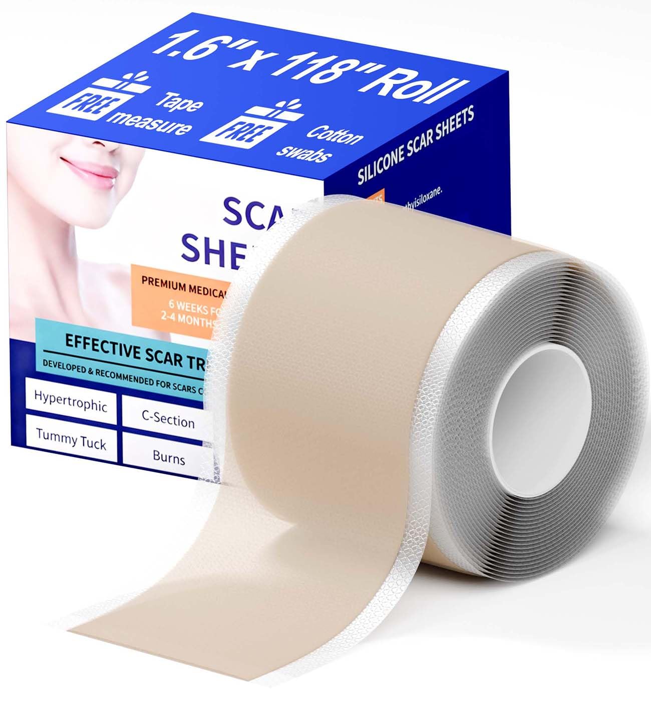 Silicone Scar Sheets, Silicone Scar Tape, Silicone Scar Removal Strips for Surgical, C-Section,Tummy Tuck,Keloid Scars, Keloid Bump Removal, Professional Scar Removal Sheets (1.6"X 118" Roll-3 meter)