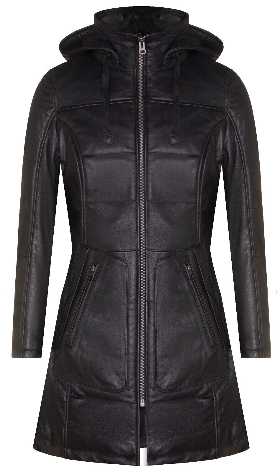 Women's Black Leather Puffer Quilted Hooded Parka Coat L