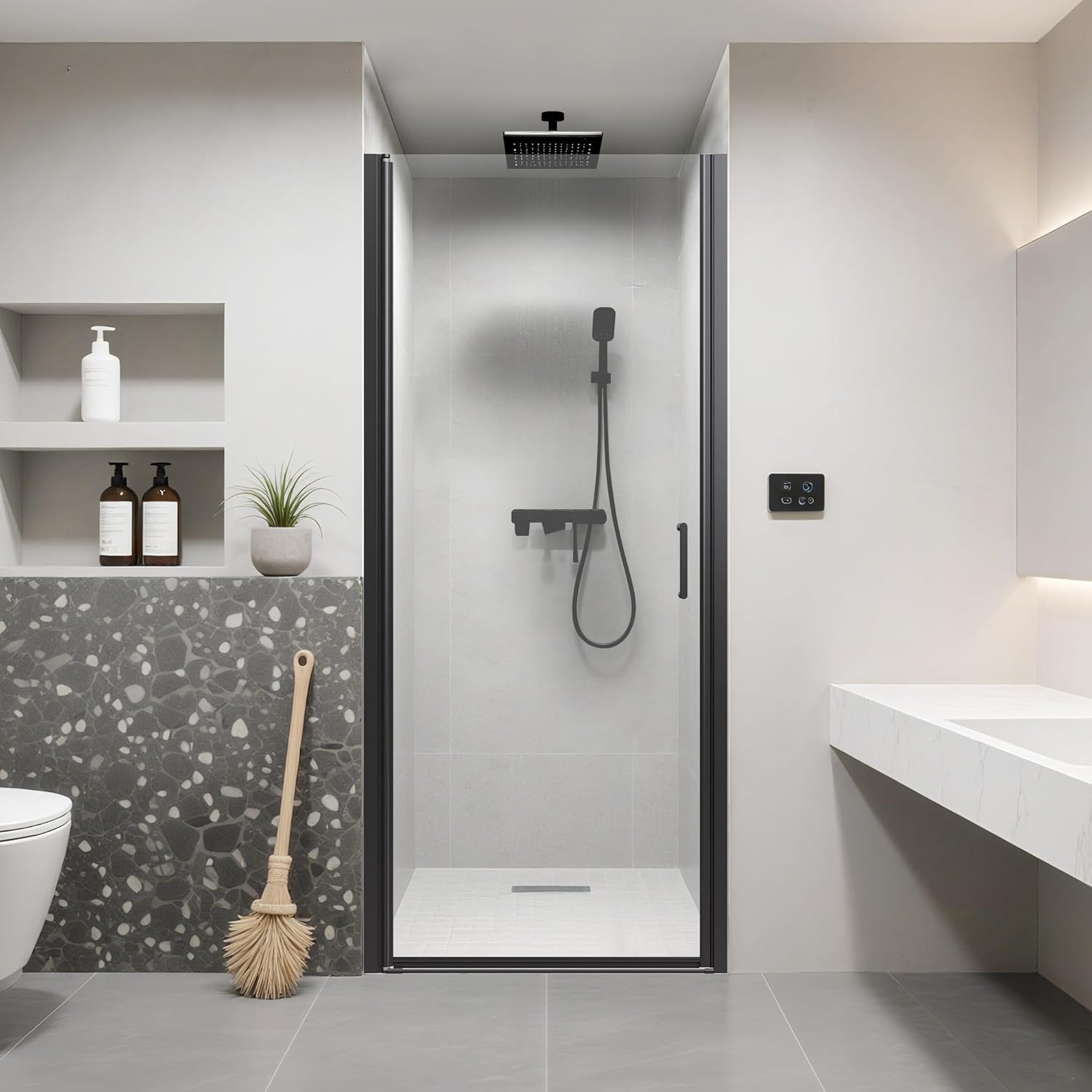 32 in. W * 72 in. H Semi-Frameless Pivot Shower Door, 1/4" (6mm) Thick Clear SGCC Tempered Glass Door, Pivot Swing Shower Door for Bathroom, Single Glass Panel, Reversible Installation, Matte Black