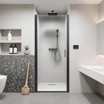 32" W x 72" H Semi-Frameless Rotating Shower Door, 1/4" Thick Clear Tempered Glass, 90 Swivel & Reversible Installation, Modern Bathroom Single Panel Swing Door, Matte Black