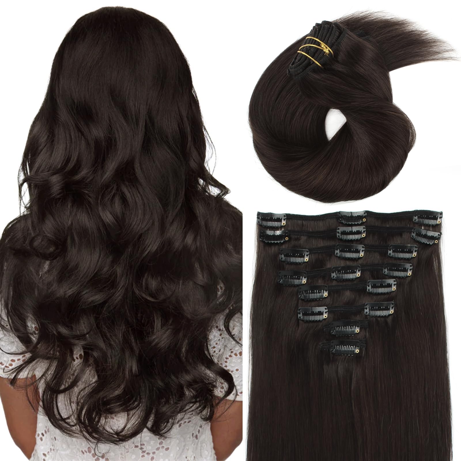 ABH AMAZINGBEAUTY HAIR Clip in Human Hair Extensions Real Human Hair Double Wefts Clip ins for Black Women Brown Clip in Hair Extensions Clip on for Full Head Silky Straight 90G 16Inch 8pcs 18 Clips
