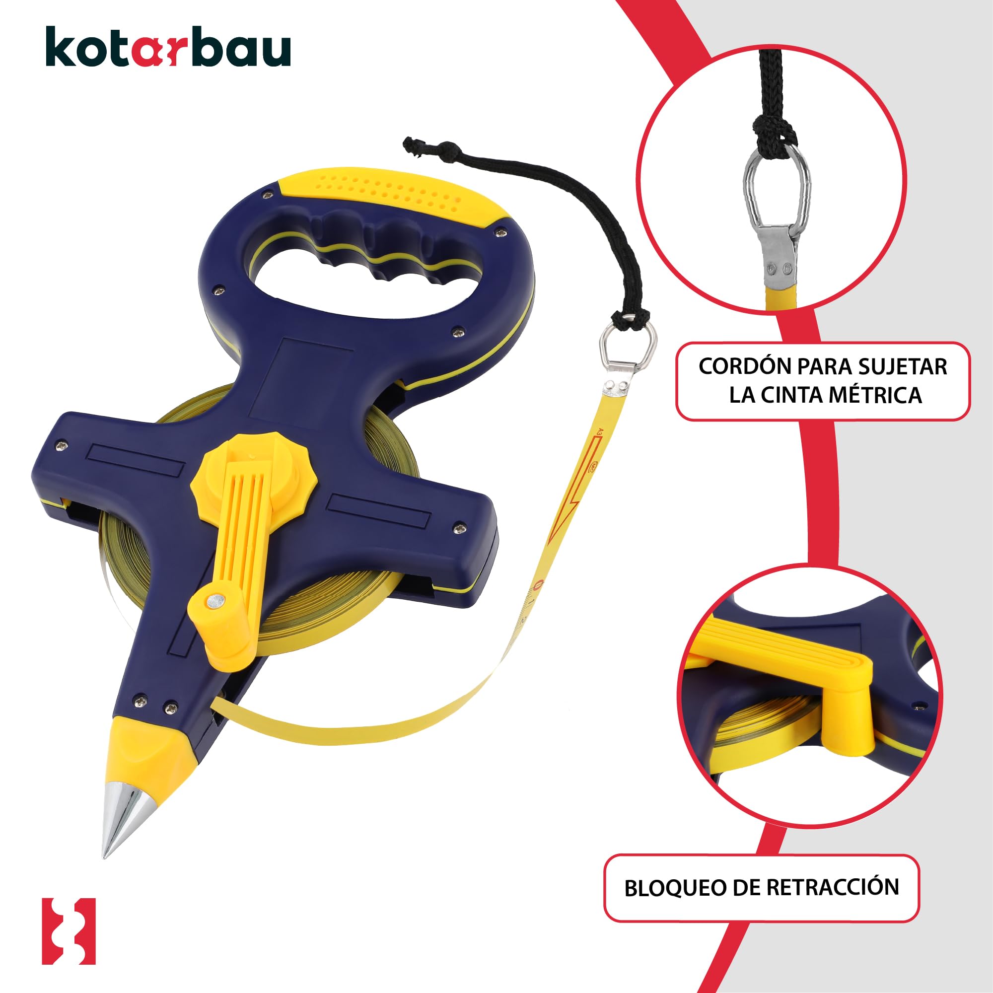KOTARBAU® Cinta métrica de topografía 50m, Cinta de topógrafo, con punta afilada para clavar, Cinta métrico de acero, Metro de construcción, de largas distancias