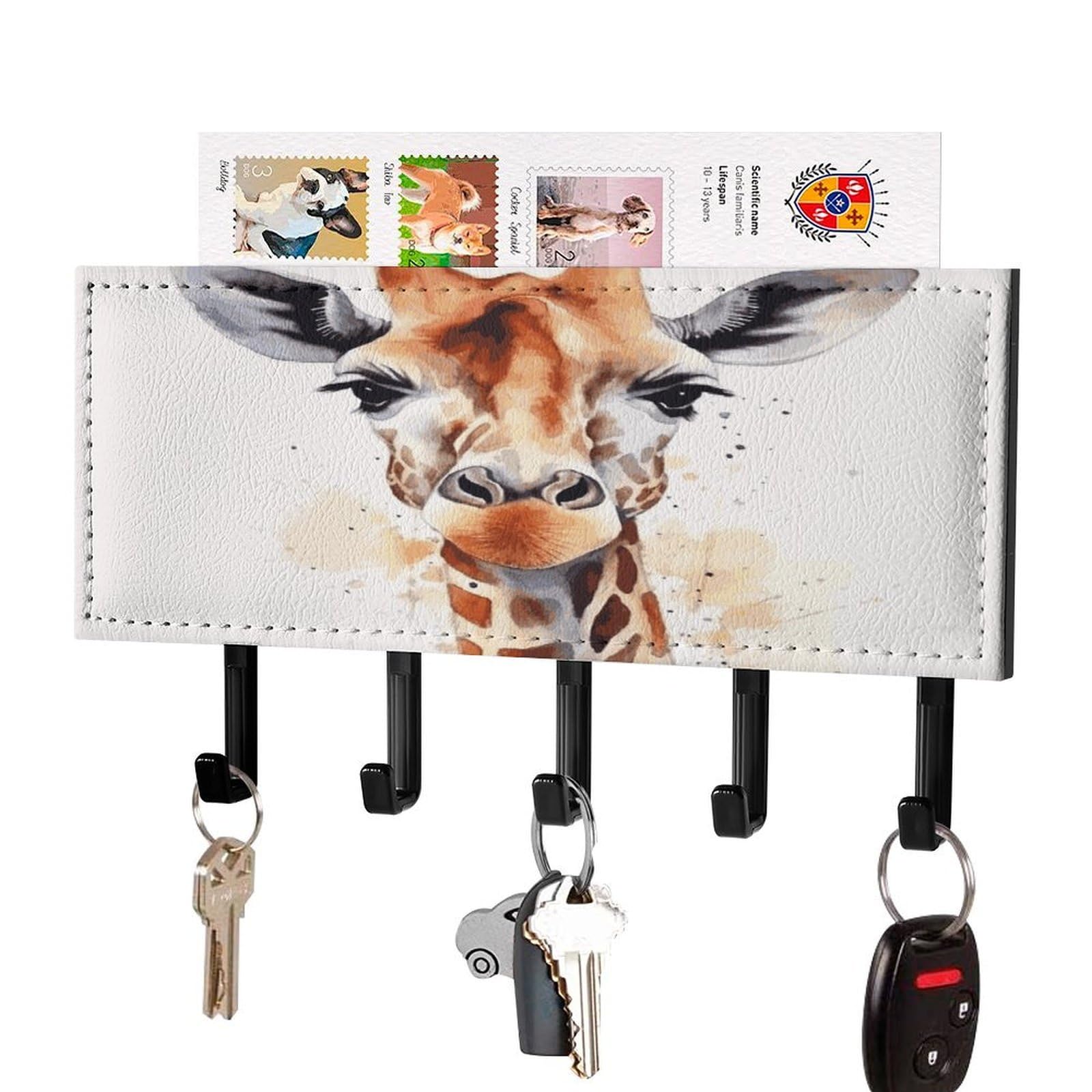 LDGSUPH Stylish Animal Watercolor Giraffe Key Holder Wall Mount Key Hanger with 5 Hooks Fashion Key Organizer Rack Hanging Key Hooks with Mail Organizer Key Rack for Home Entryway Hallway Black-Style