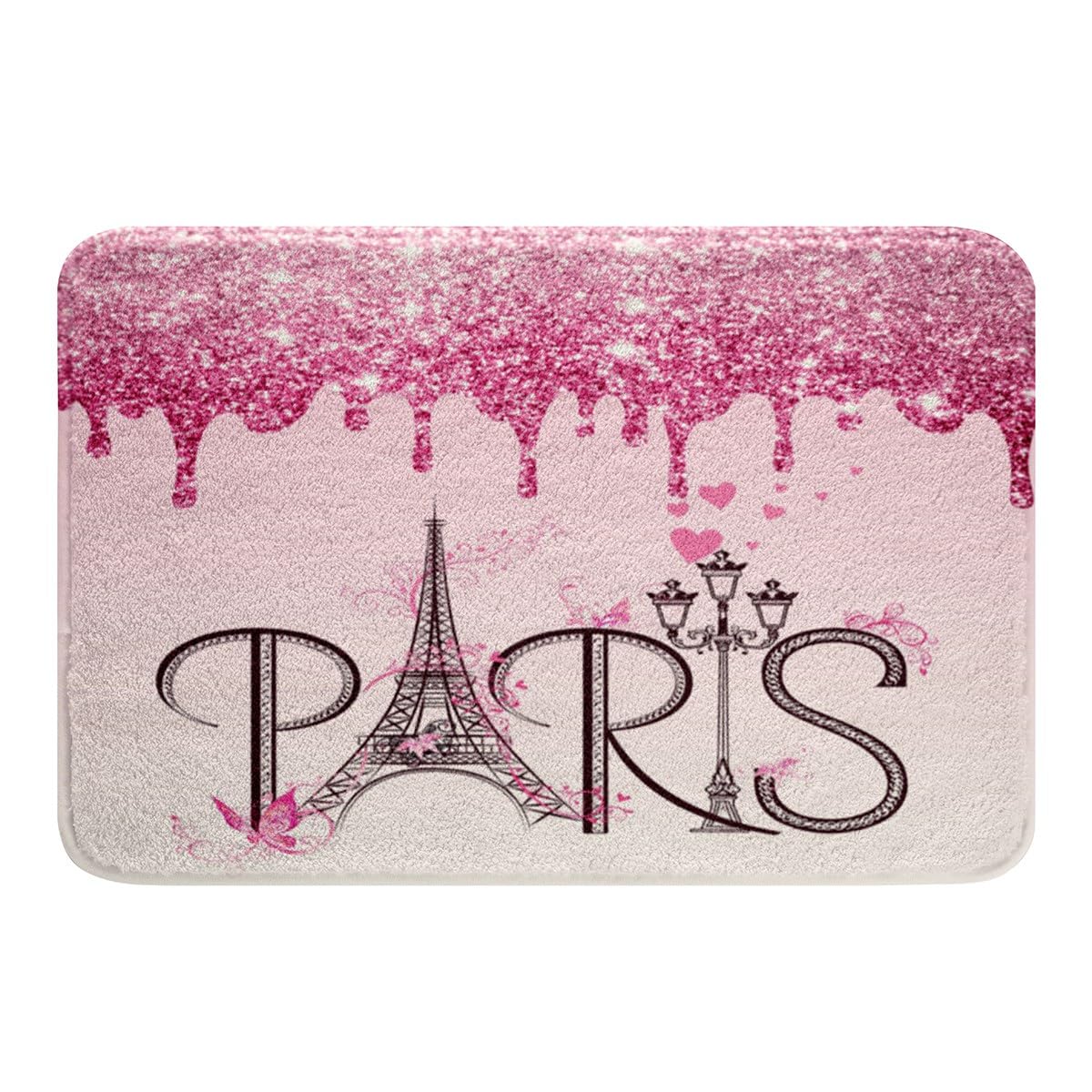 Feelyou Eiffel Tower Bathroom Rugs 16"x24" Glitter Romantic Paris Bath Rugs for Shower Tub for Boys Girls Ombre Pink Butterfly Bath Mats for Bathroom