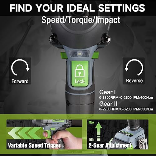 Miniatura 3 de WORKPRO Llave de impacto inalámbrica de 1/2 pulgada, pistola de impacto sin escobillas de 20 V, alto par de torsión de 370 pies (500 N.M),