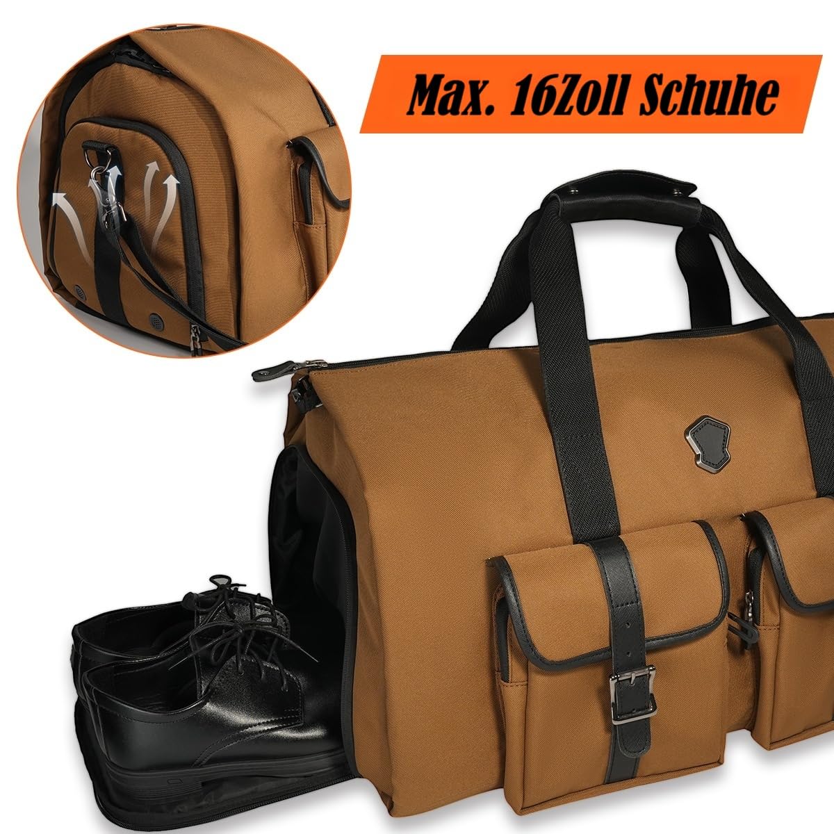WELKINLAND 48H Kleidertasche für Reisen, 10 Taschen, Handgepäcktasche, 3 Anzug-Reisetaschen, 62 l, halbe Tage 2-in-1 Kleidertasche, wandelbarer Kleidersack, Boardable Kleidersack, Braun/Schwarz, 62L,