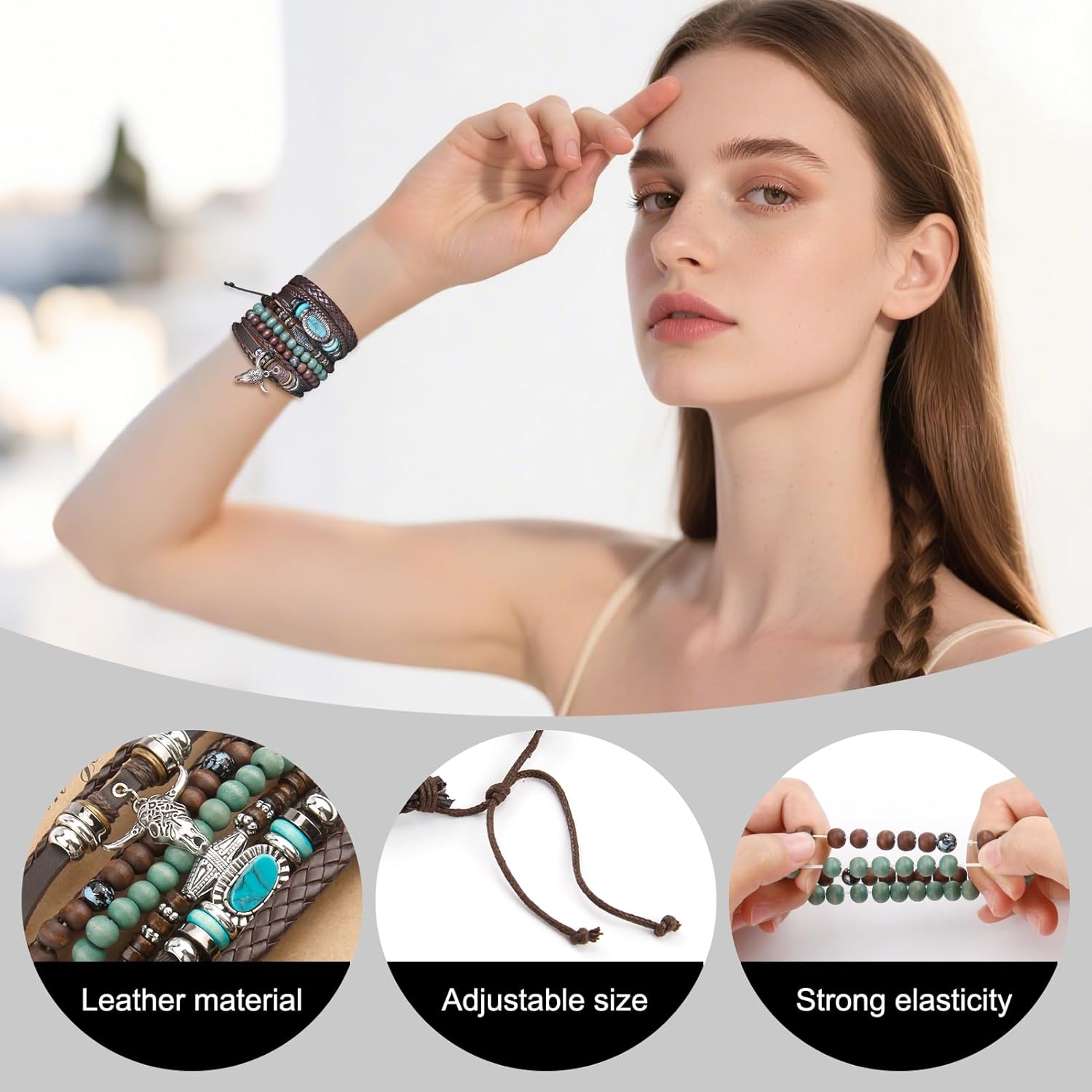 Western Boho Leather Wrap Bracelets for Women Bohemian Vintage Stackable Turquoise Bracelet Rustic Beaded,Multi-Layer Bracelets with Feather Pattern Strong Clasp, Country Concert Jewelry for Women - Image 3