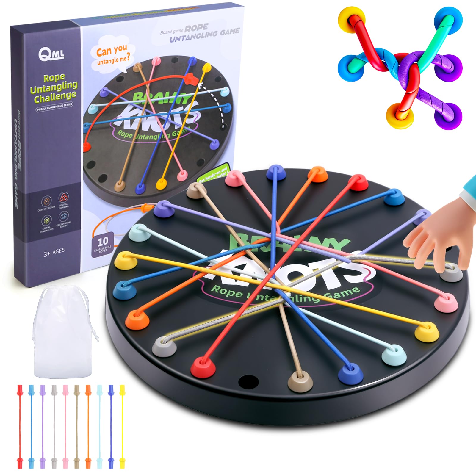 Brainy Knots Rope Untangling Game, 10Pcs Twisted Rope Puzzle Game,Strategy Untangling Challenge Puzzle, String Solution Central Lacing Travel Toys for Adults Kids(Black)
