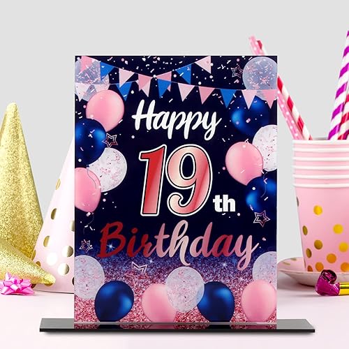 Miniatura 7 de LINGTEER Centros de mesa acrílicos con globos de color azul marino y rosa con texto en inglés "Happy 19th Birthday", paquete de 2 decoraciones para