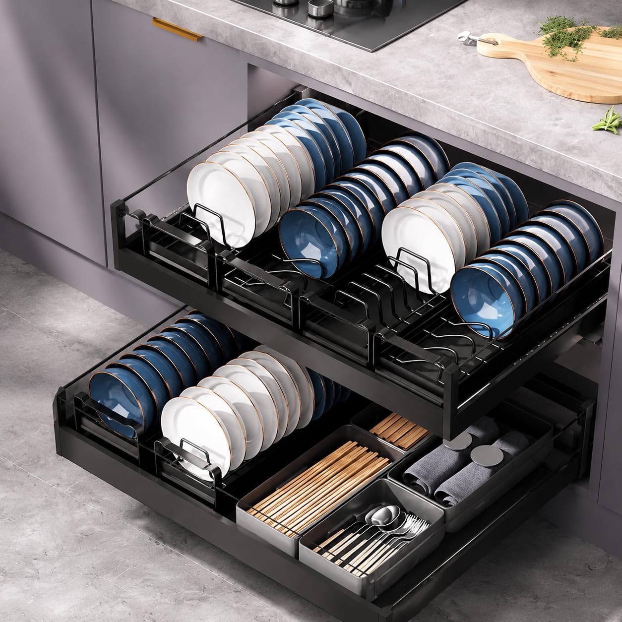 Küchen Geschirrabtropfgestell Edelstahl Geschirrständer Korb Organizer Langlebige Verarbeitung für Geschirrtrocknung Küche, Dark [Schalenständer] 47cm·Gro