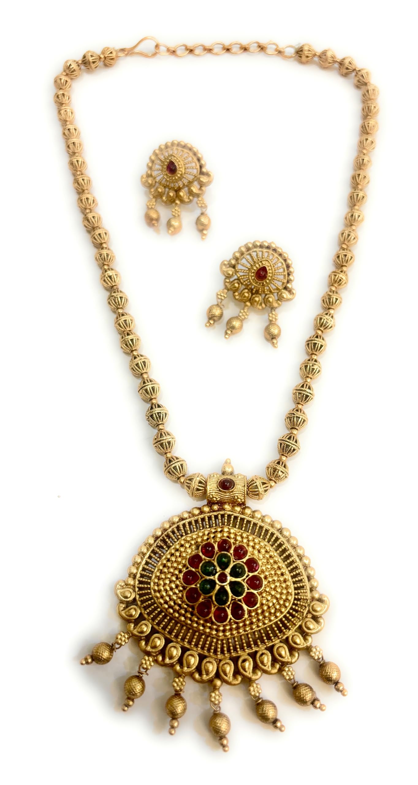 Adyashree EmporiumLaxmi Long Design pattern Ruby & Emerald, pearl based Gold plated south Indian Wedding Traditional temple jewellery set. Latest fashion Jewellery for Girls & Women.