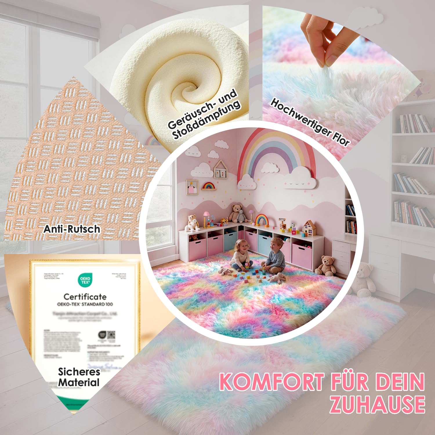 Teppich Wohnzimmer 160 x 230 cm Regenbogen Waschbar Rutschfester Hochflorteppich Kinderzimmer Schlafzimmer Flauschiger Teppiche