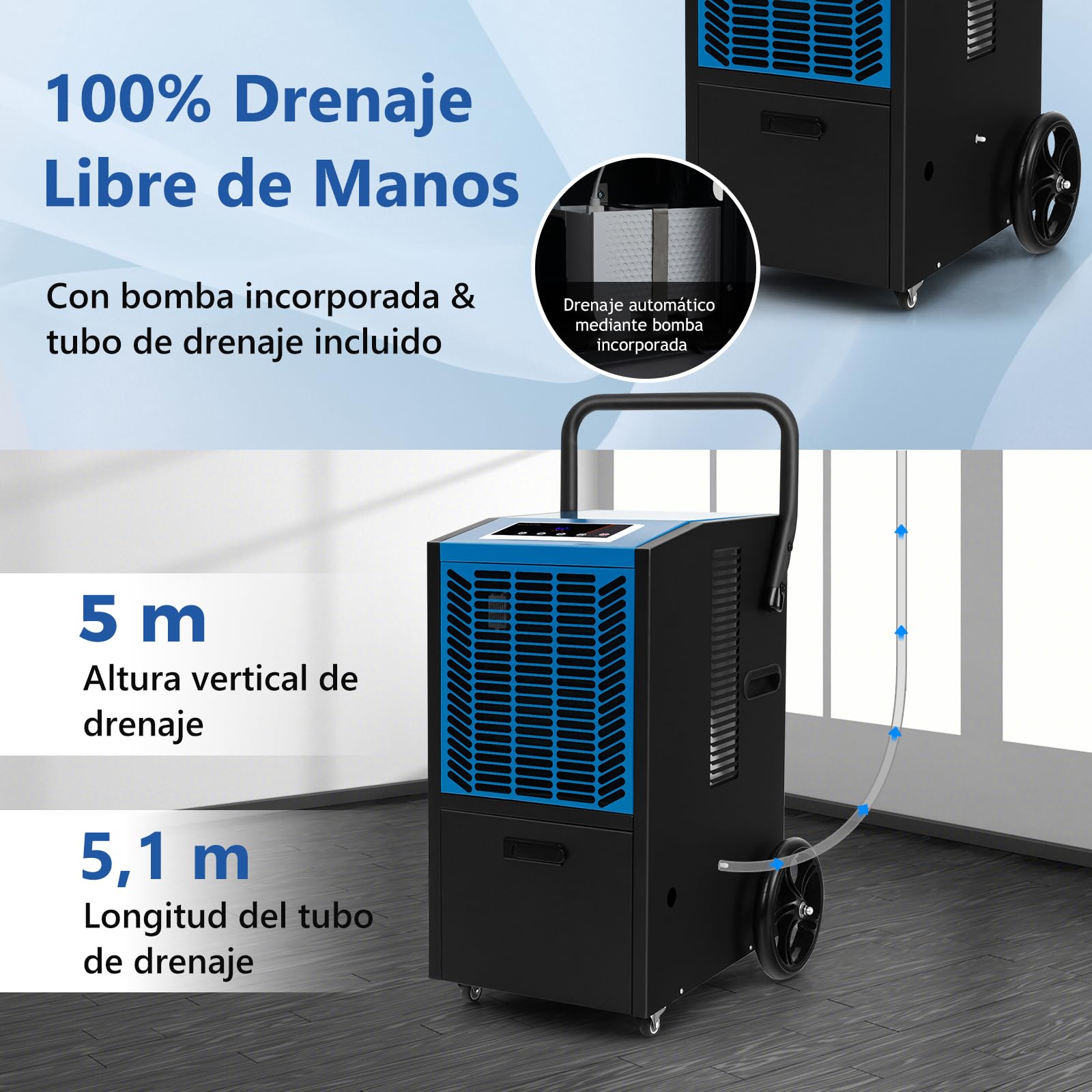 GOPLUS Deshumidificador Industrial 66L 418m2, Industrial con Temporizador 24H, Bomba, Manguera, Deshumidificador Portátil con 4 Ruedas para Sótano, Almacén, Restauración de Daños por Agua (Azul)