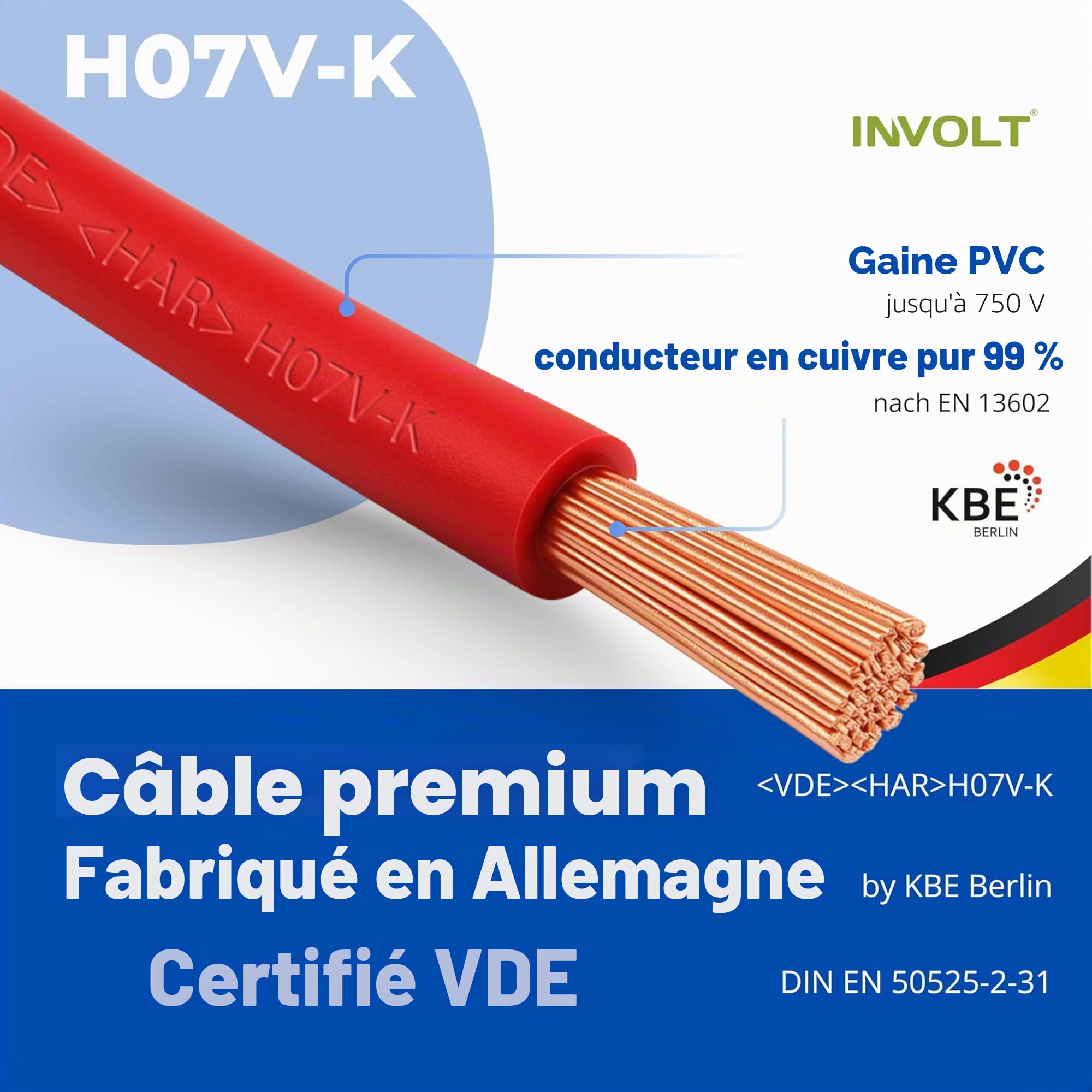 INVOLT H07V-K kit 10mm² 3x5m noir/bleu/vert-jaune, 100 embouts, VDE, Fabriqué en Allemagne