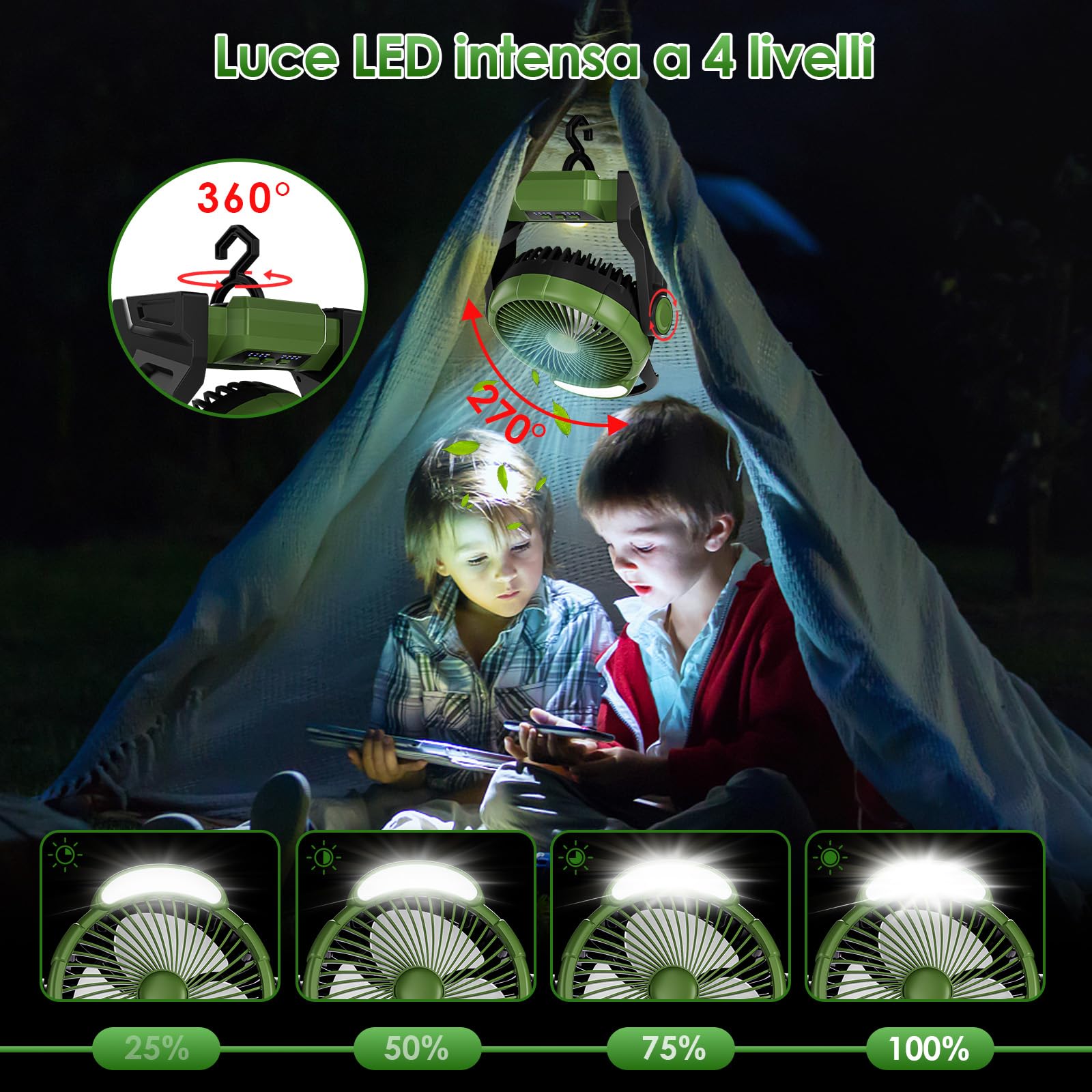 GuKKK 15000mAh Ventilatore da Campeggio con Luce LED, 3 Velocità Ventilatore Portatile con Gancio,Timer, Ventilatore Ricaricabile con Rotazione 270°, Ventola USB per Casa Esterno Campeggio Tende