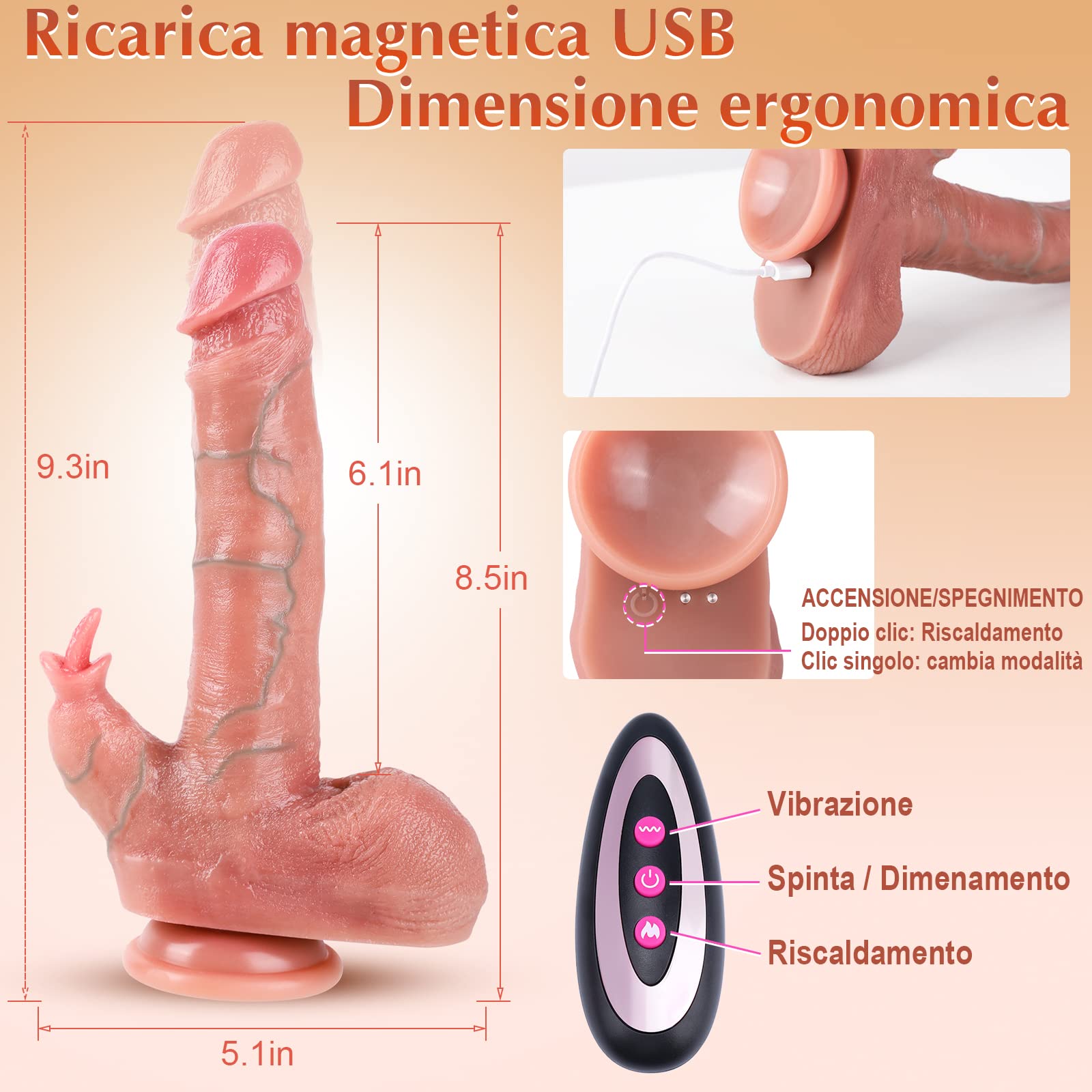 4 in 1 Vibratore Dildo Realistico, Vibratoreper Donna Realistico con Spinta&Vibrazione&Rotazione&Riscaldamento, Dildo Vibratoreper Donna punto g squirting, Sex Toyscop Donna, Sex Toyscop Uomo Sex Toy