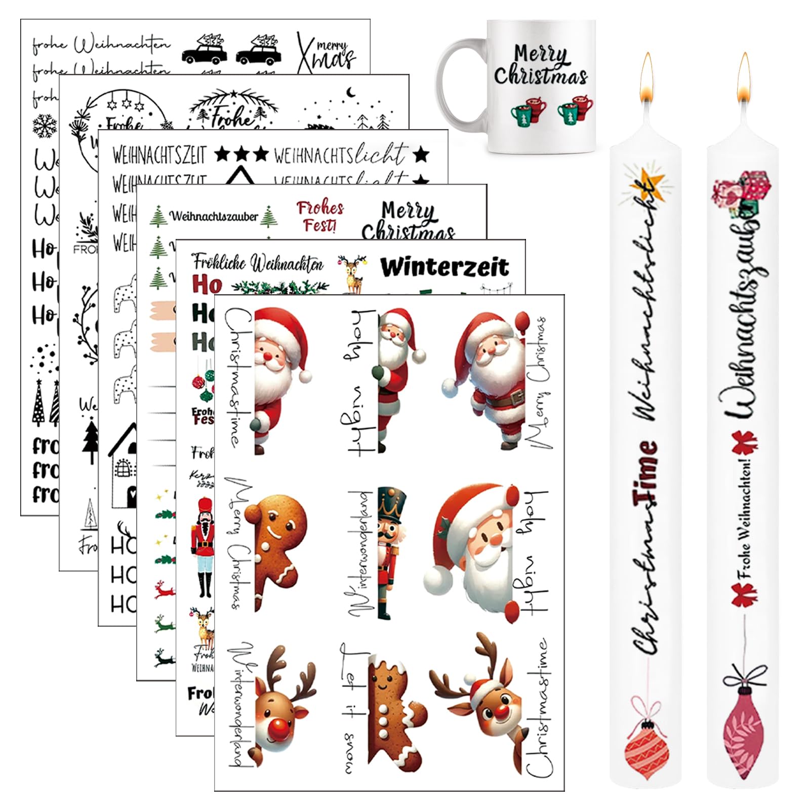 6 Bögen Kerzen-Tattoofolie Weihnachten - 80 Sprüche & 60 Motive, DIY Dekoration Für Kerzen