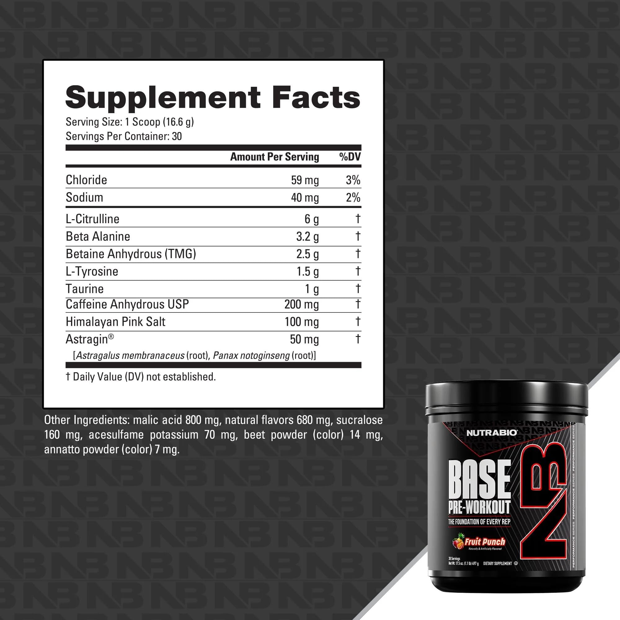 NutraBio Base Pre-Workout Powder 200mg Caffiene, Sustained Energy, Focus, Endurance, Pump, Sugar Free, Clean Preworkout for Men and Women - Beta Alanine, L-Tyrosine, 30 Servings - Fruit Punch — Amazon image 5