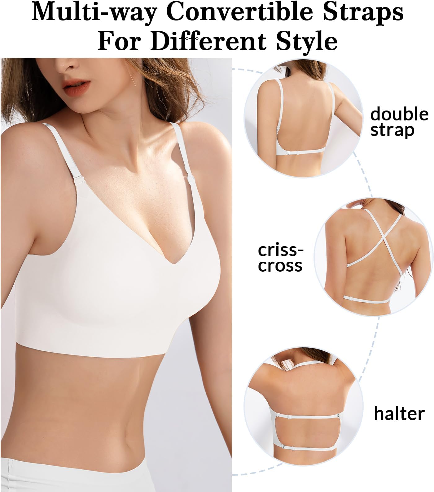 Seamless Low Back Bra Wireless Padded Bralette Thin Straps Comfort Halter Backless Cross Multiway Convertible Bras, White, XL