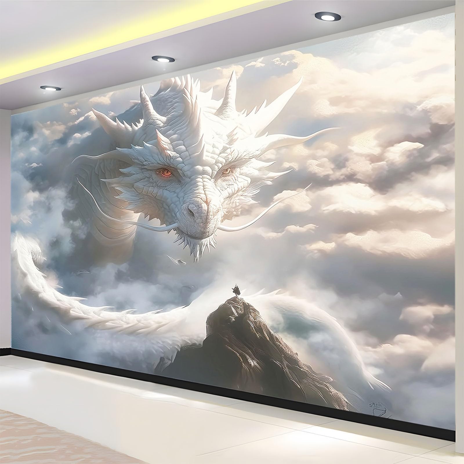 Cartoon-Stil Fototapete 3D Effekt Bergweißer Drache Fototapeten Wandbild Motivtapeten Vlies-Tapeten Moderne Wandtapete Wand Schlafzimmer Wohnzimmer Dekoration B350 x H256 cm