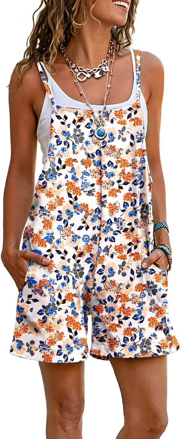 YESNO Women Summer Casual Loose Rompers Sleeveless Boho Floral Spaghetti Straps Shorts Overalls Jumpsuit with Pockets PH2