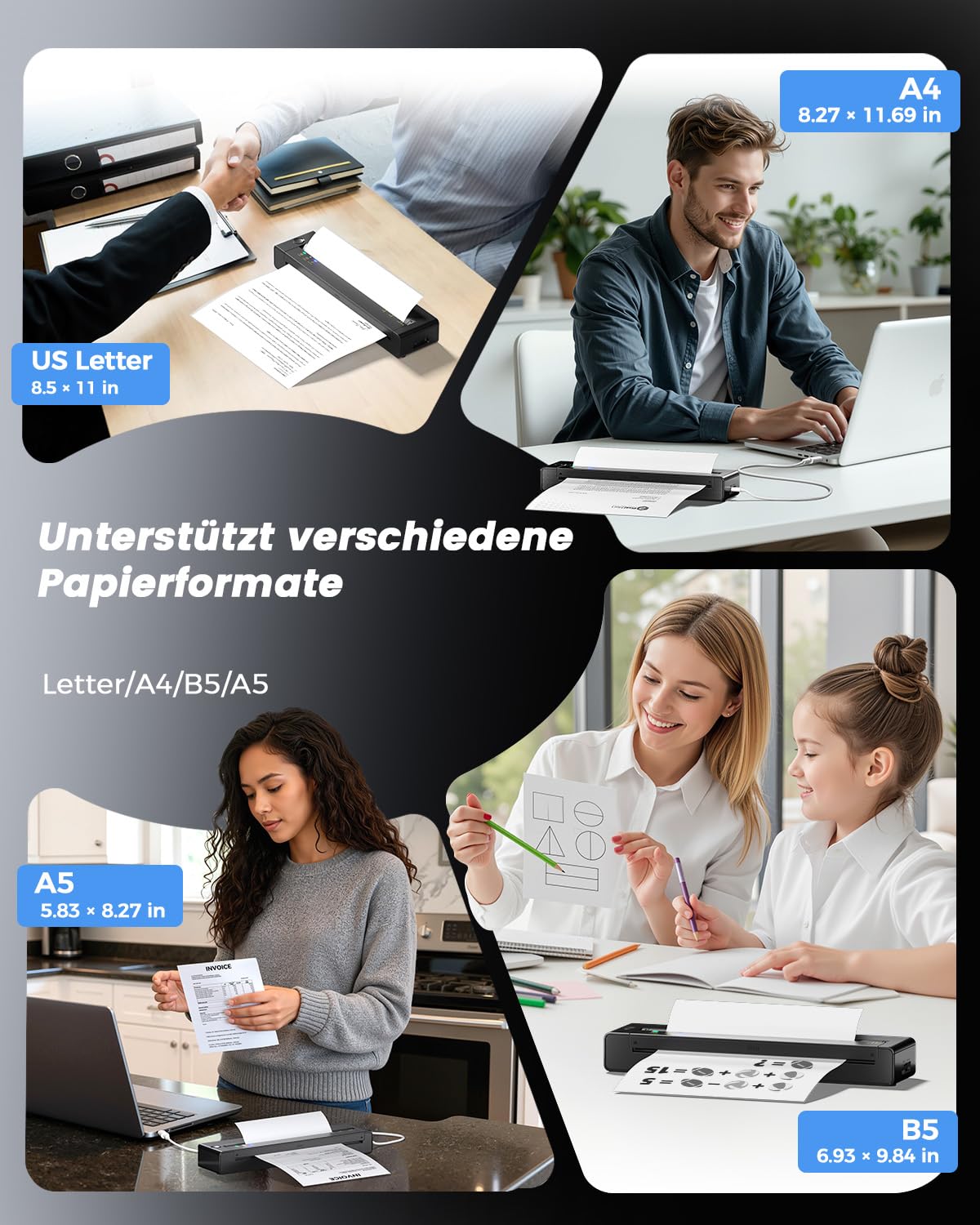TATTMUSE Thermodrucker A4 Unterstützt das Format A4/A5/B5, Bluetooth Mobiler Drucker, Lernen, Tragbarer Drucker Kompatibel mit Phone, Monochromer Reisedrucker Nur Thermopapie