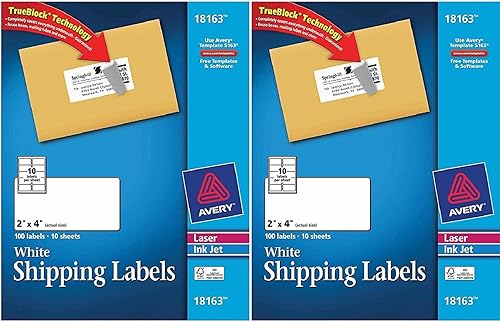 Avery Etiquetas de envío con tecnología TrueBlock para impresoras láser y de inyección de tinta, blancas, 2 x 4 pulgadas, 100 unidades (paquete de 2)
