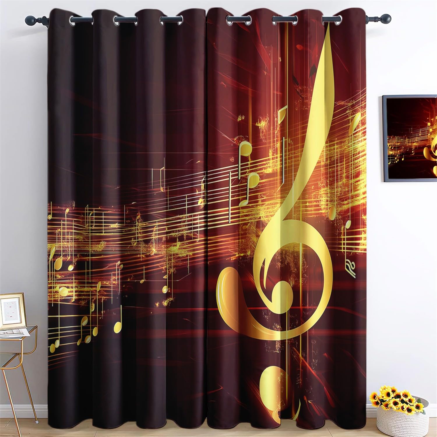 Cortinas Opacas Termicas Notas Musicales y pentagramas Dorados Aislantes Frio y Calor Cortinas Salon Modernas para 280 x 245 cm Dormitorio con Ojales 2 Paneles Verde